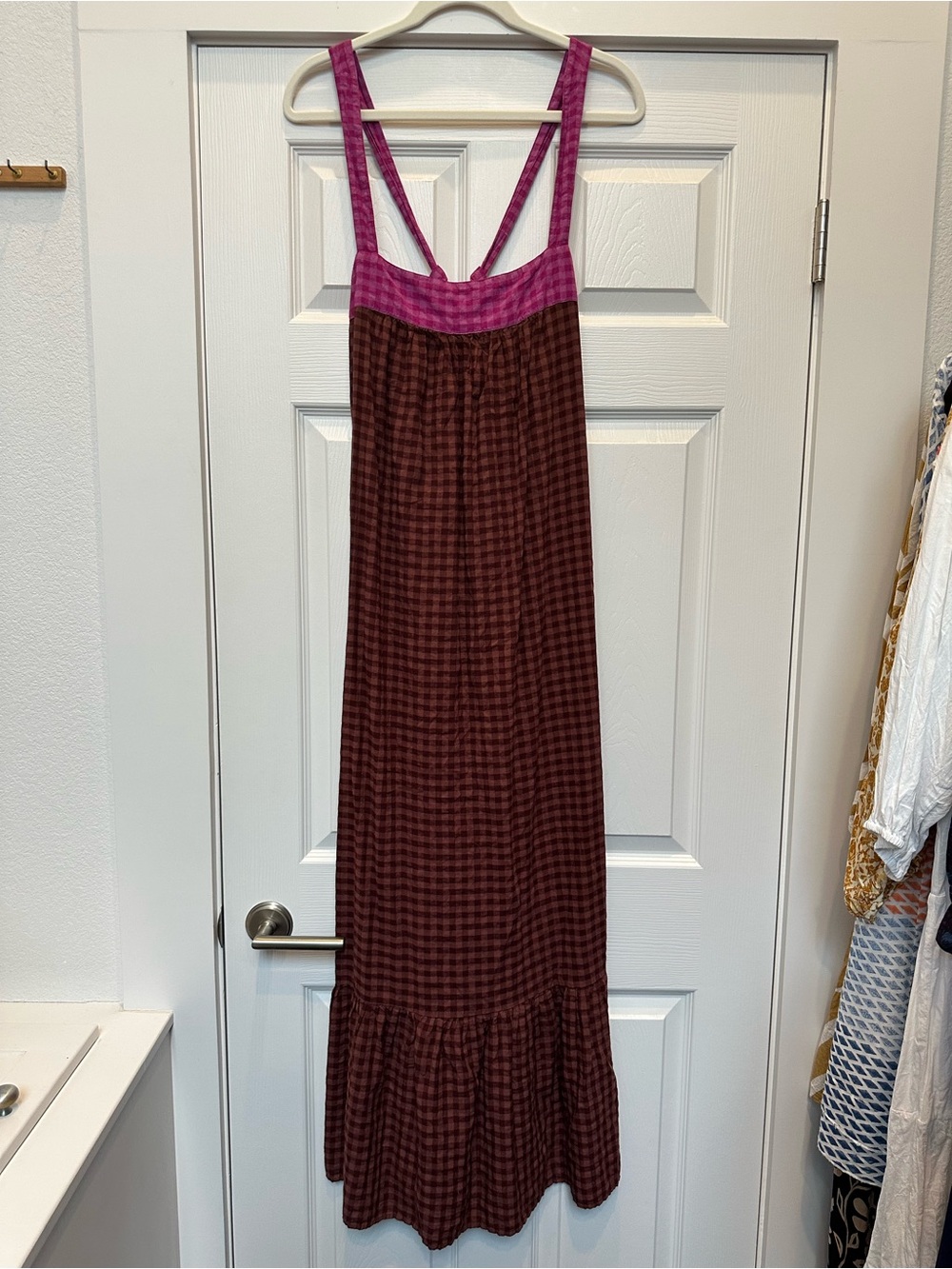 Anthropologie Pink and Brown Checked Maxi Sundress